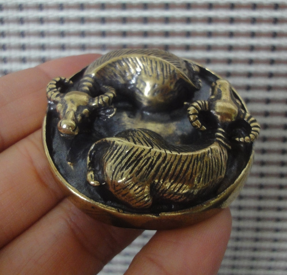 Vintage Solid Brass Harmony Ox Figurine Round Ornament