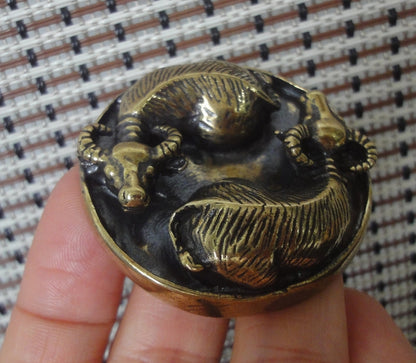 Vintage Solid Brass Harmony Ox Figurine Round Ornament
