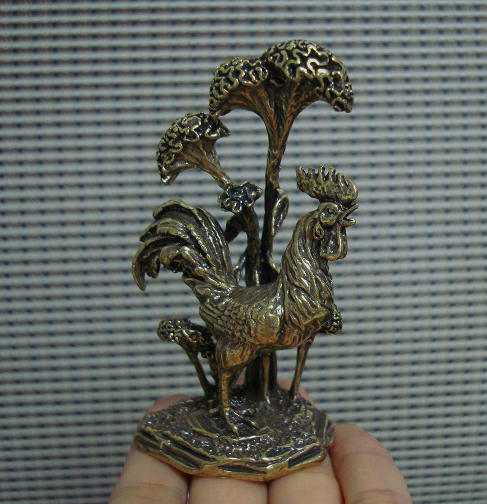 Solid Brass Zodiac Cockscomb Flower Cock Rooster Statue
