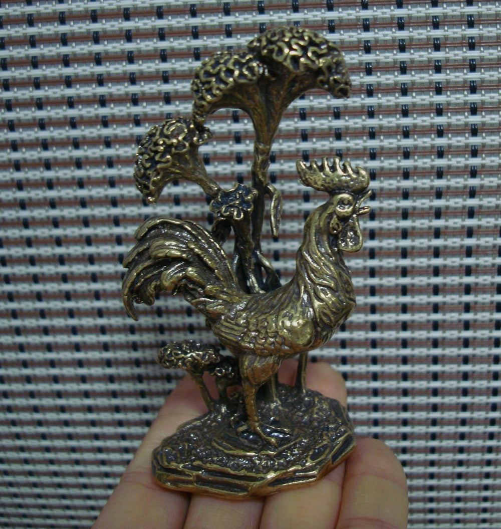 Solid Brass Zodiac Cockscomb Flower Cock Rooster Statue