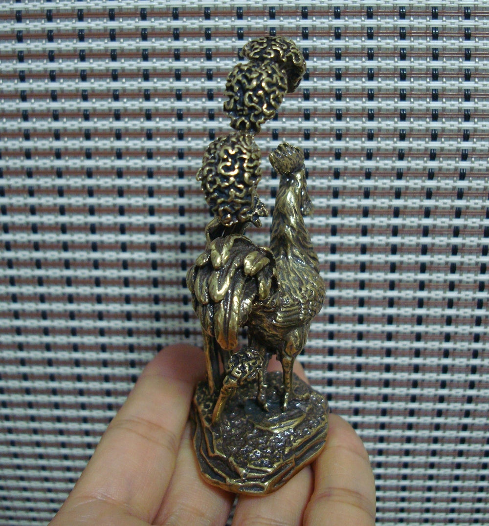 Solid Brass Zodiac Cockscomb Flower Cock Rooster Statue