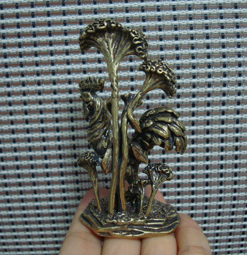 Solid Brass Zodiac Cockscomb Flower Cock Rooster Statue