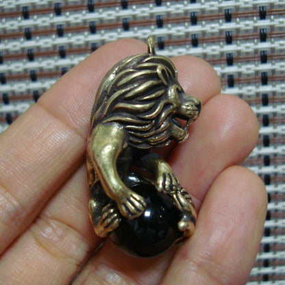 Solid Brass Small Roaring Lion Pendant Vintage Animal Statue Keyring