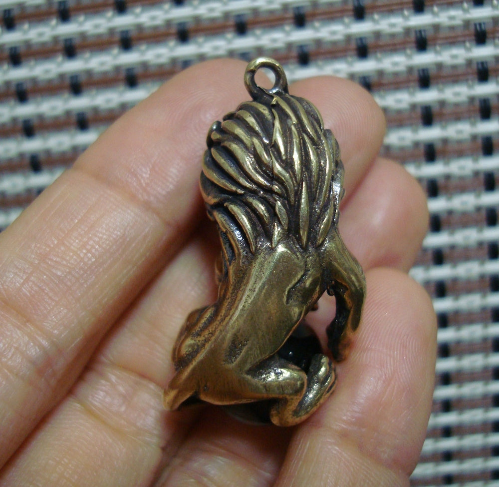 Solid Brass Small Roaring Lion Pendant Vintage Animal Statue Keyring