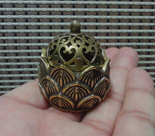 Vintage Style Small Chinese Brass Incense Burner Lotus Flower Covered Censer