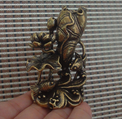 Solid Brass Fish and Lotus Flower Leaf Statue for Home Garden Decor