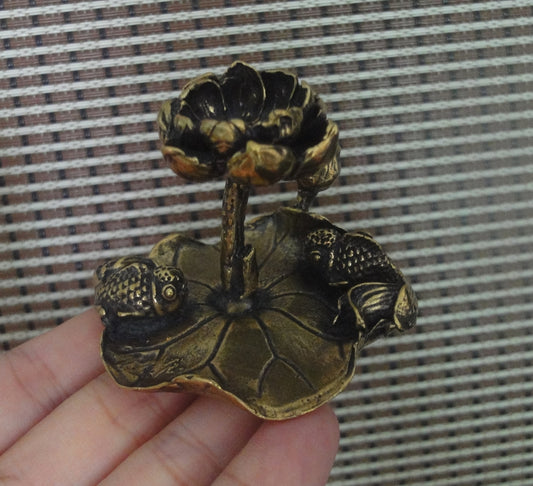 Vintage Brass Prosperity Lotus Gold Fish Statue Incense Holder
