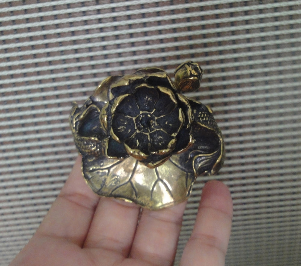 Vintage Brass Prosperity Lotus Gold Fish Statue Incense Holder