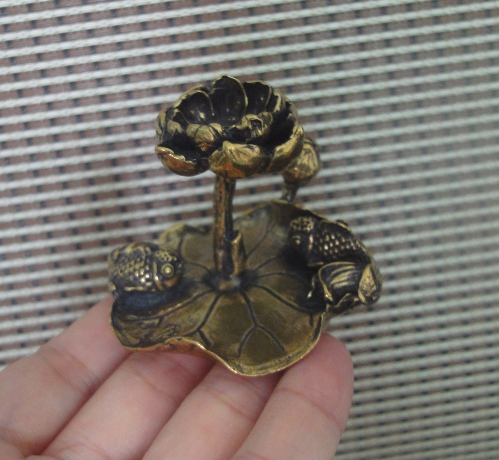 Vintage Brass Prosperity Lotus Gold Fish Statue Incense Holder