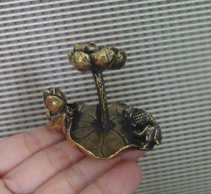 Vintage Brass Prosperity Lotus Gold Fish Statue Incense Holder