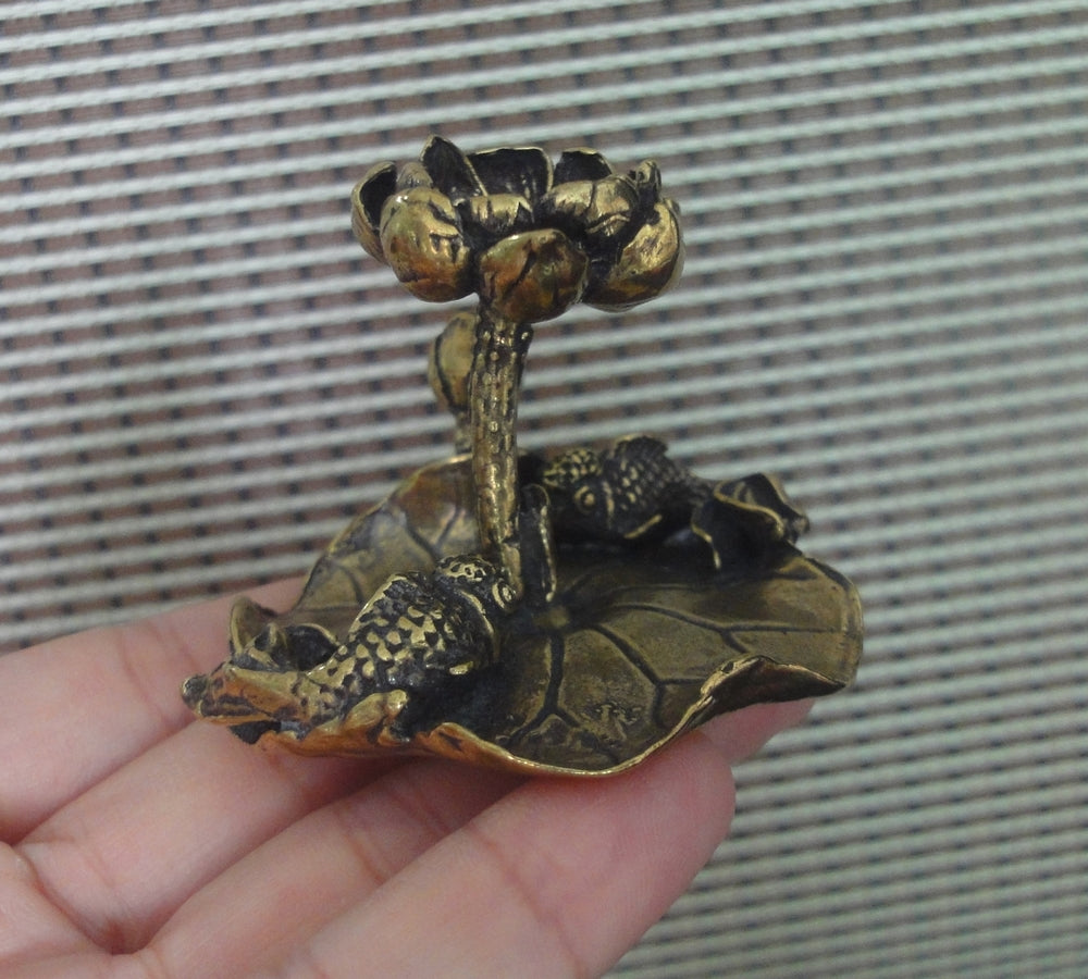 Vintage Brass Prosperity Lotus Gold Fish Statue Incense Holder