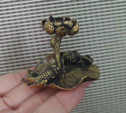 Vintage Brass Prosperity Lotus Gold Fish Statue Incense Holder