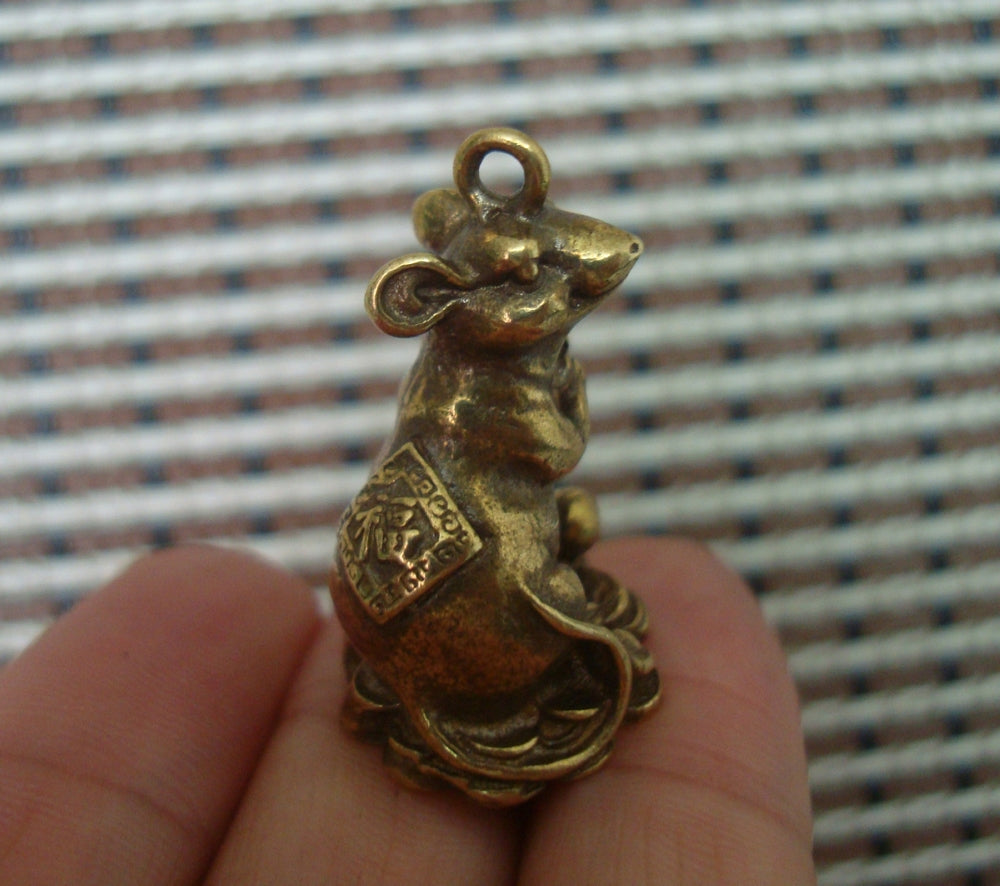 Solid Brass Fortune Rat Figurine Pendant Vintage Style Home Ornament