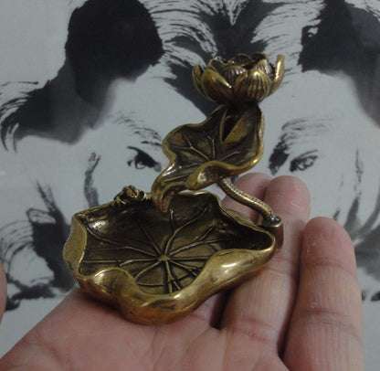 Vintage Style Solid Brass Frog Lotus Incense Stick Stand Holder for Home Decor