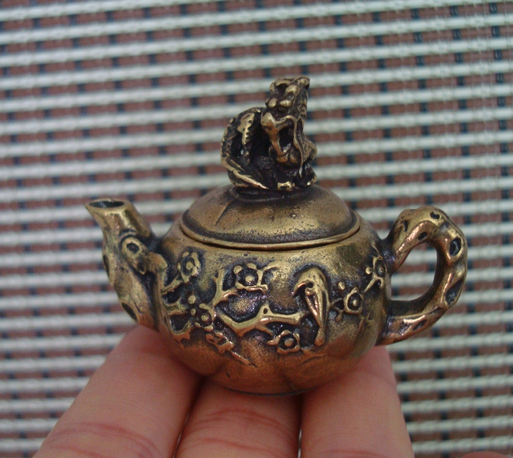 Vintage Brass Flowers Bird Small Teapot for Home Office Decor