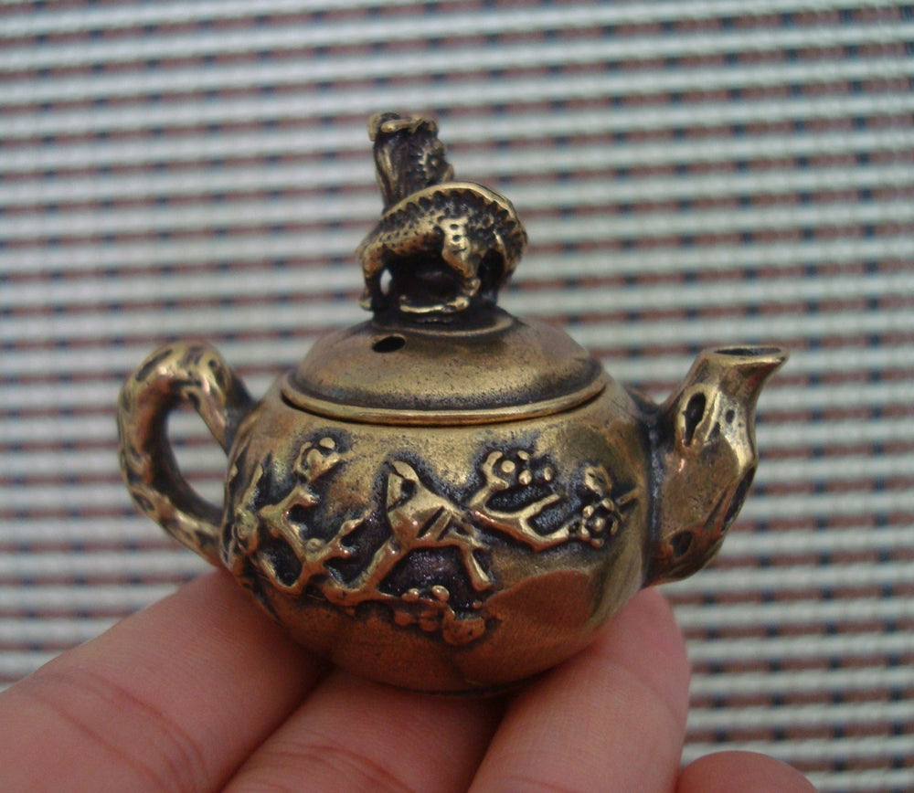 Vintage Brass Flowers Bird Small Teapot for Home Office Decor