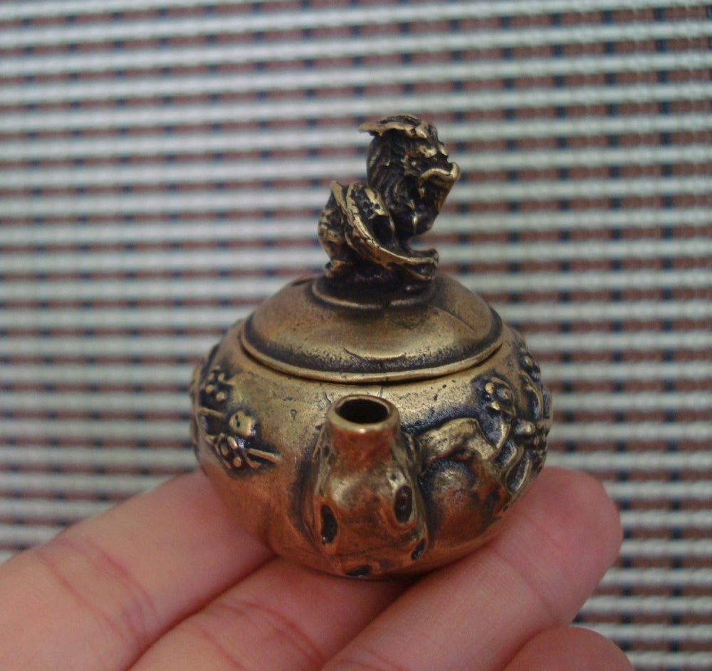 Vintage Brass Flowers Bird Small Teapot for Home Office Decor