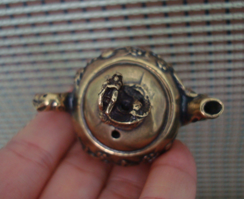 Vintage Brass Flowers Bird Small Teapot for Home Office Decor