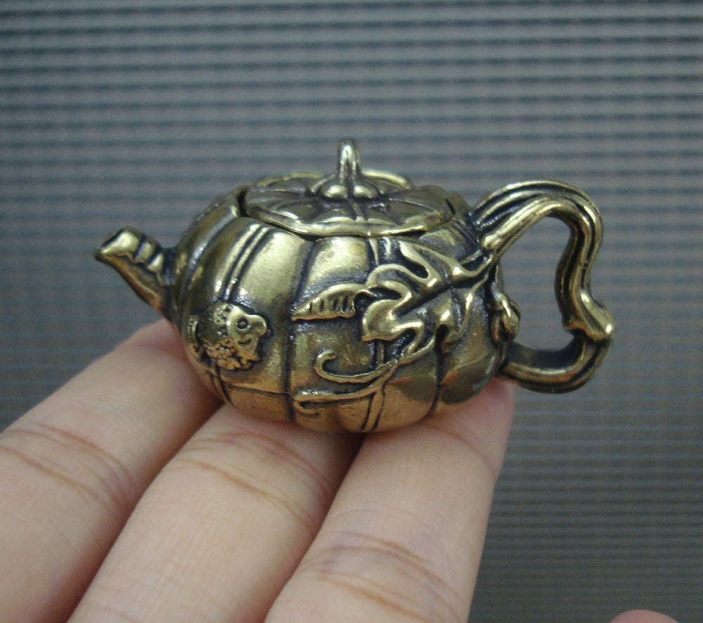 Solid Brass Fish Figurine Pumpkin Teapot Vintage Style