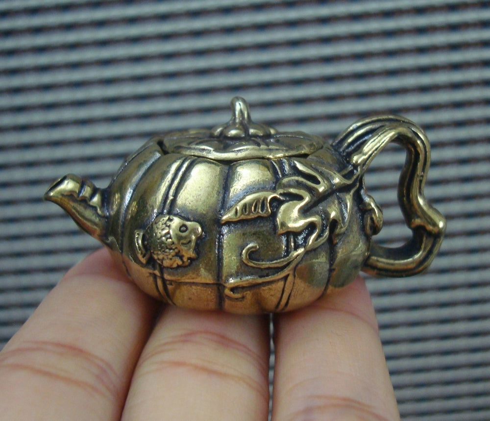 Solid Brass Fish Figurine Pumpkin Teapot Vintage Style