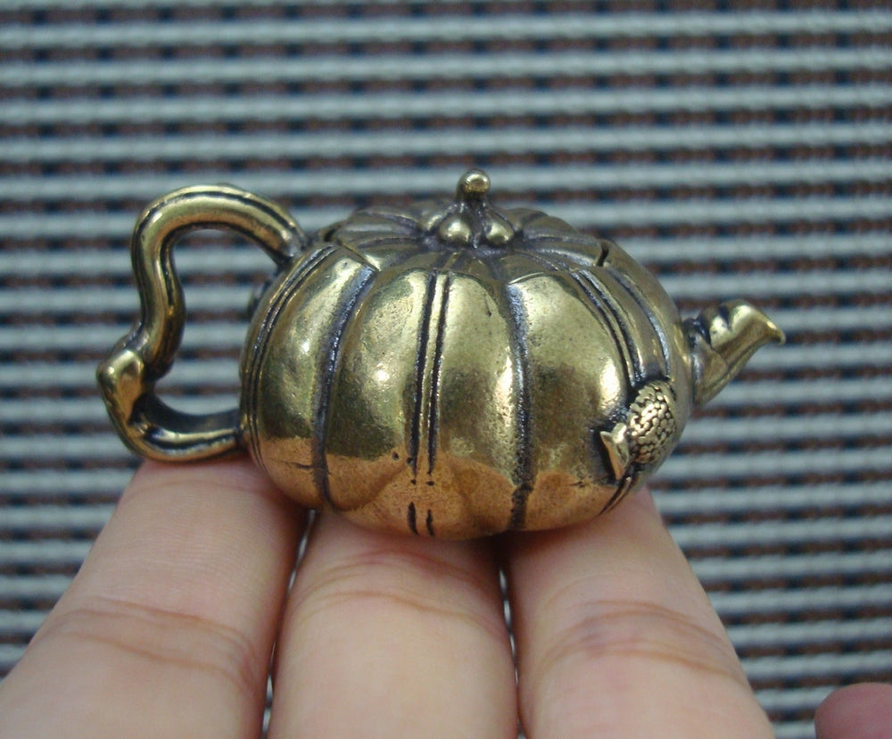 Solid Brass Fish Figurine Pumpkin Teapot Vintage Style