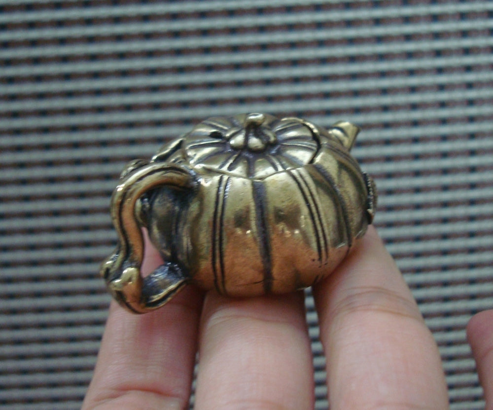 Solid Brass Fish Figurine Pumpkin Teapot Vintage Style
