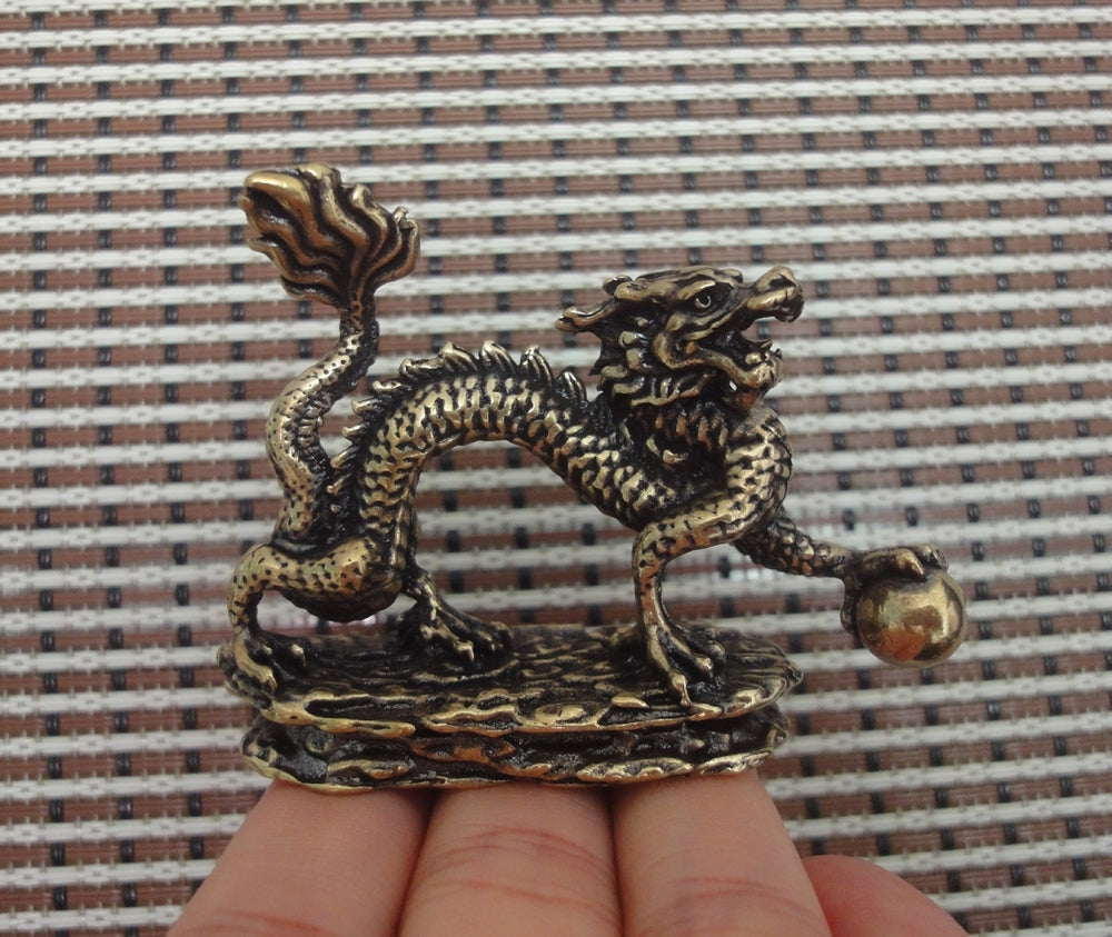 Solid Brass Dragon Holding Ball Figurine Vintage Style Statue for Home Decor