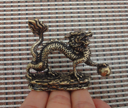 Solid Brass Dragon Holding Ball Figurine Vintage Style Statue for Home Decor