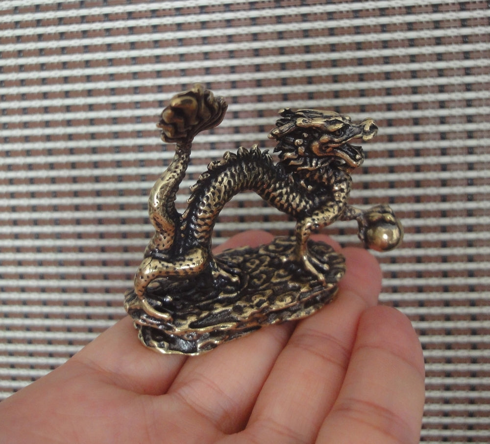 Solid Brass Dragon Holding Ball Figurine Vintage Style Statue for Home Decor