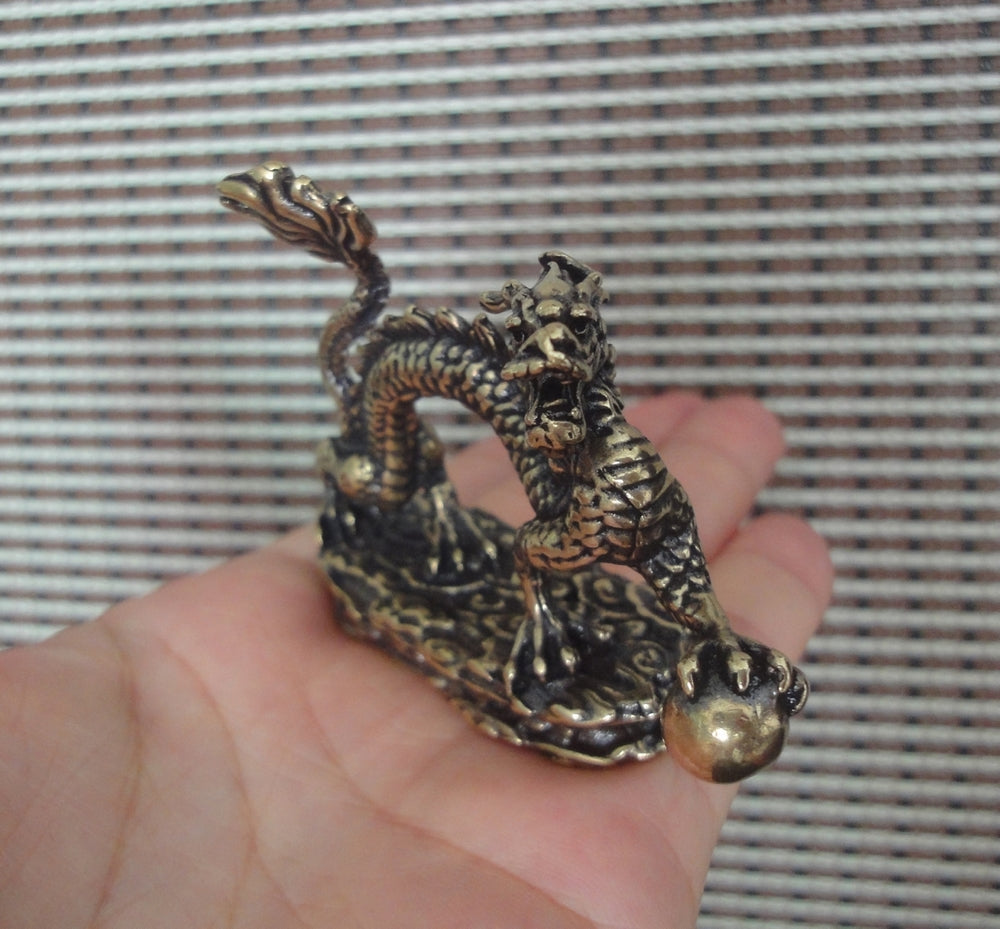 Solid Brass Dragon Holding Ball Figurine Vintage Style Statue for Home Decor