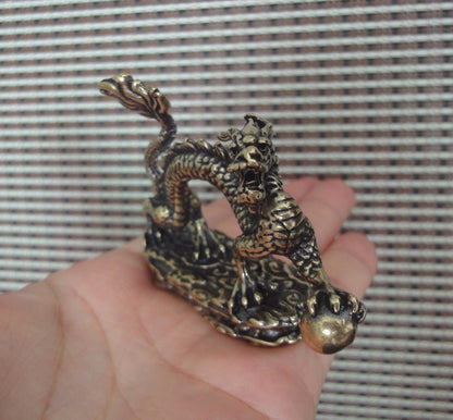 Solid Brass Dragon Holding Ball Figurine Vintage Style Statue for Home Decor