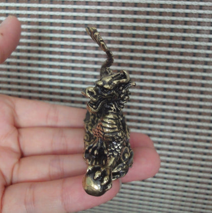 Solid Brass Dragon Holding Ball Figurine Vintage Style Statue for Home Decor