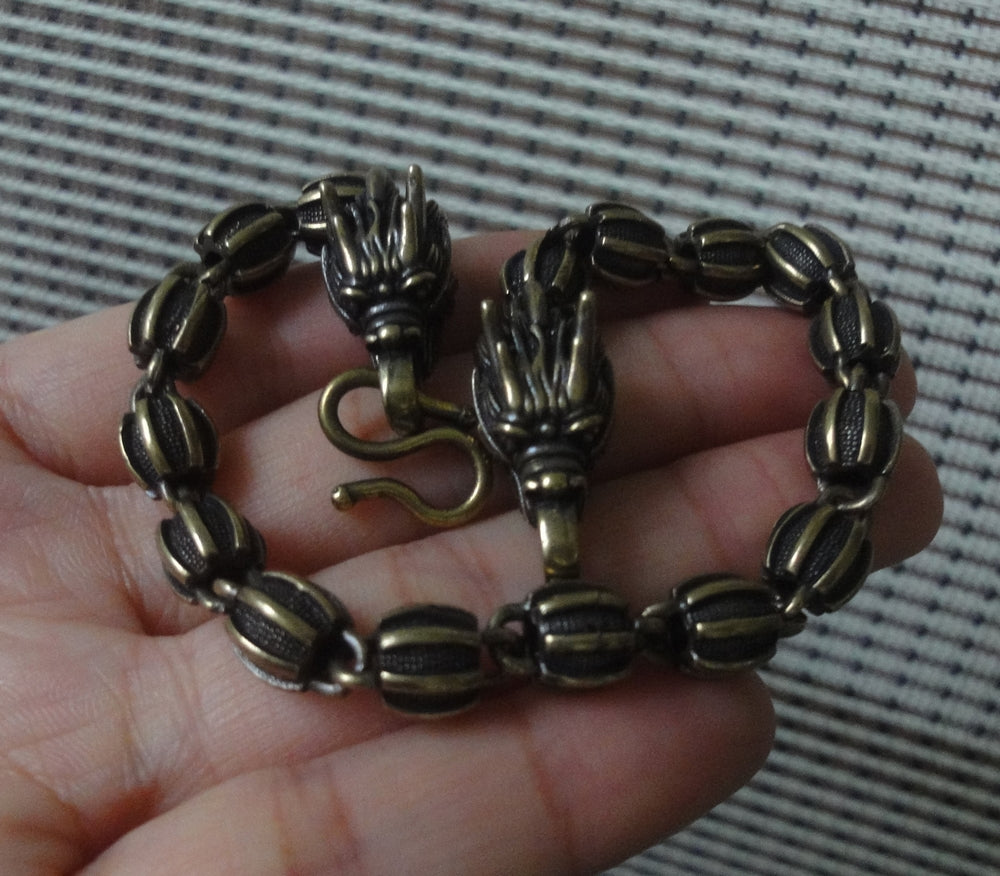 Brass Dragon Buckles Beads Chain Bracelet Vintage Style 22cm