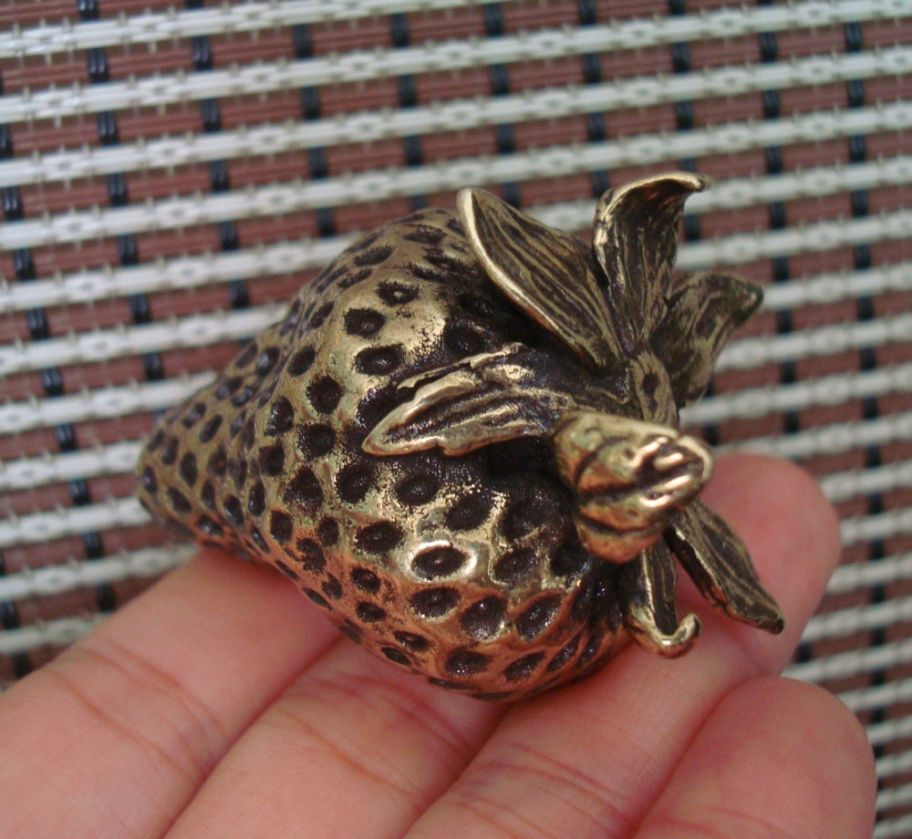 Solid Brass Strawberry Fruit Sculpture for Home Garden Decor