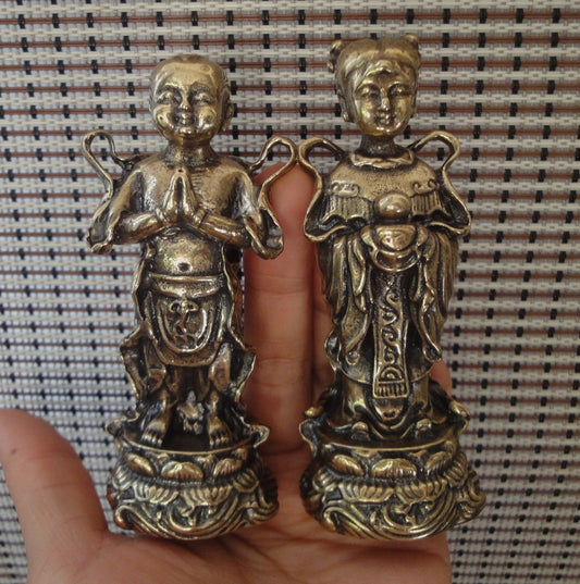 Pair Chinese Solid Brass Boy and Girl Statues Vintage Ornaments