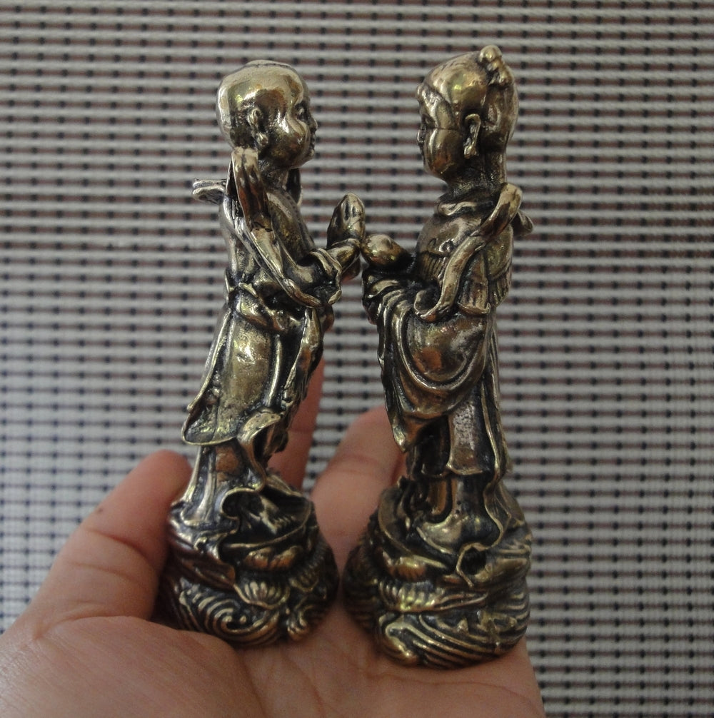 Pair Chinese Solid Brass Boy and Girl Statues Vintage Ornaments