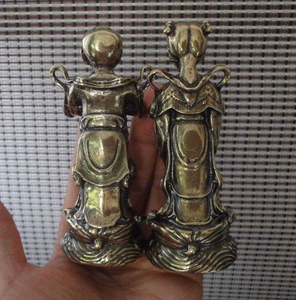 Pair Chinese Solid Brass Boy and Girl Statues Vintage Ornaments