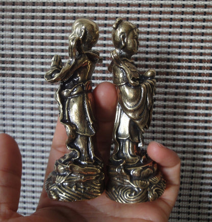 Pair Chinese Solid Brass Boy and Girl Statues Vintage Ornaments