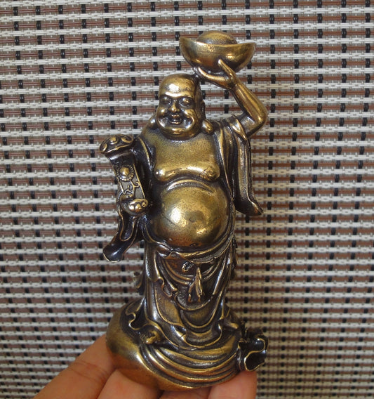 Solid Brass Wealth Maitreya Buddha Figurine Vintage "FengShui" Statue