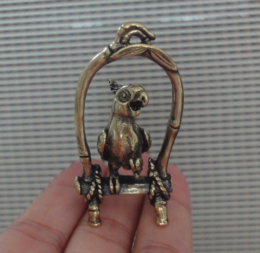 Brass Parrot on Perch Figurine Pendant for Home Decor