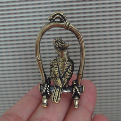 Brass Parrot on Perch Figurine Pendant for Home Decor