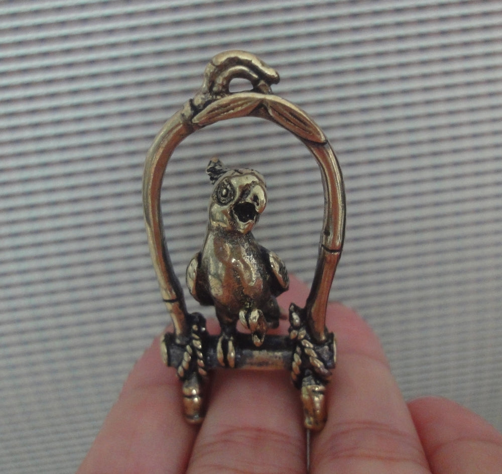 Brass Parrot on Perch Figurine Pendant for Home Decor