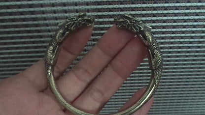 Vintage Style Solid Brass Double Ancient Dragons Figurine Statue Bangle 56MM
