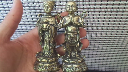Pair Chinese Solid Brass Boy and Girl Statues Vintage Ornaments