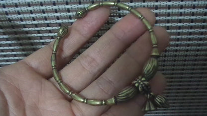 Vintage Style Solid Brass Lotus Flower Seed Dangle Women Bracelet Bangle-55MM