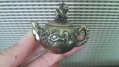 Vintage Brass Flowers Bird Small Teapot for Home Office Decor